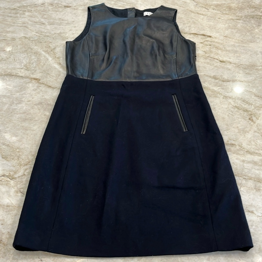 SANDRO | Sleeveless Leather Sheath Midi Dress |‎ Two Tone Black/Navy | Small - Picture 3 of 16